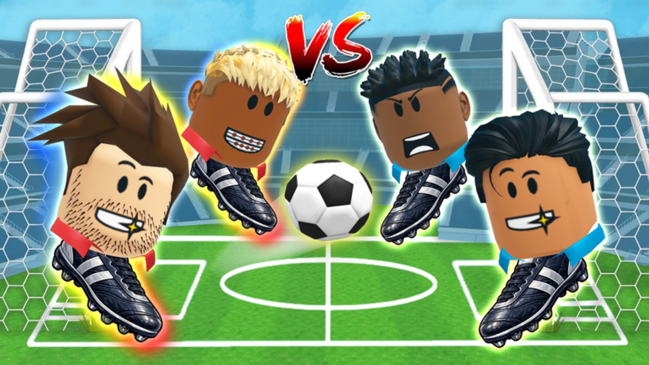 Super Head Soccer overview showing the 2D pitch, HUD, and two big-head athletes mid-rally